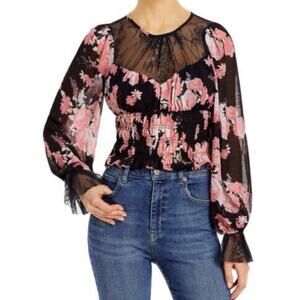 Free People Daphne Floral Blouse Midnight Combo Size Large Black Pink Whimsigoth